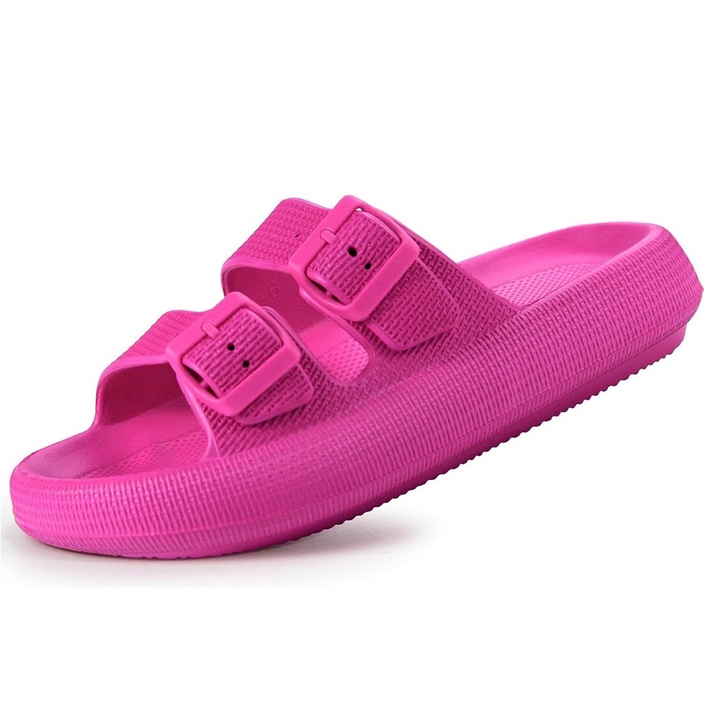 Hot Pink Double-Buckle Slide Sandals by Wewaya, cloud cushion waterproof slipper